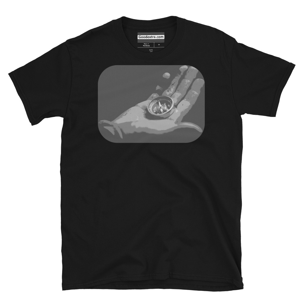 Hiking & Nature T-shirt – Compass on Right Hand, Close-Up – (#7225)