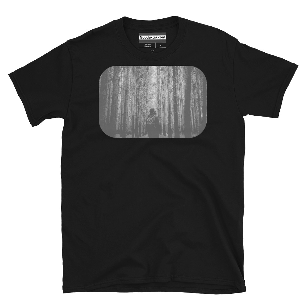 Hiking & Nature T-shirt – Between Tall Thin Tree Trunks – (#2077)