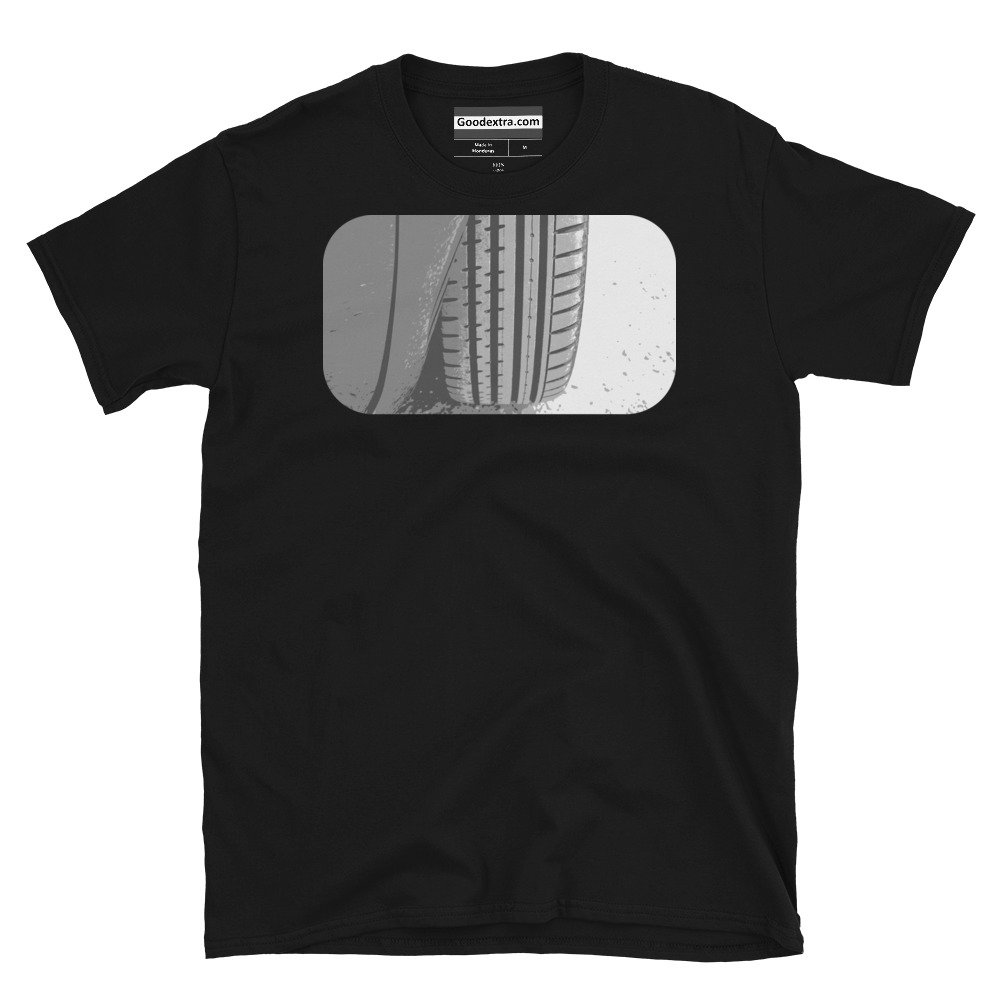 Car & Auto Racing T-shirt – Front Right Tire Close-Up on Asphalt – (#3466)